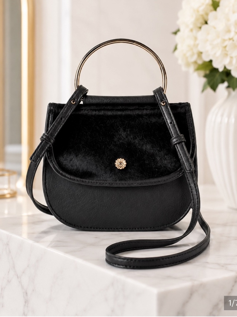 LC Lauren Conrad Delice Black Crossbody Bag Gold Ring Handle Faux Fur Flap NWT